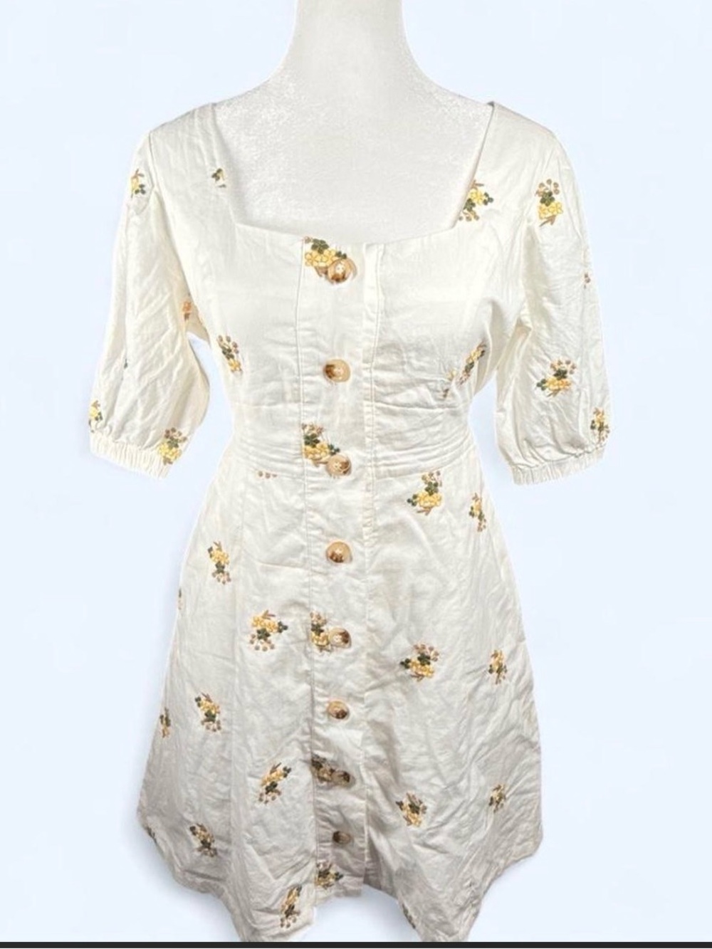 Damo White Mini Dress with Yellow Floral Embroidery